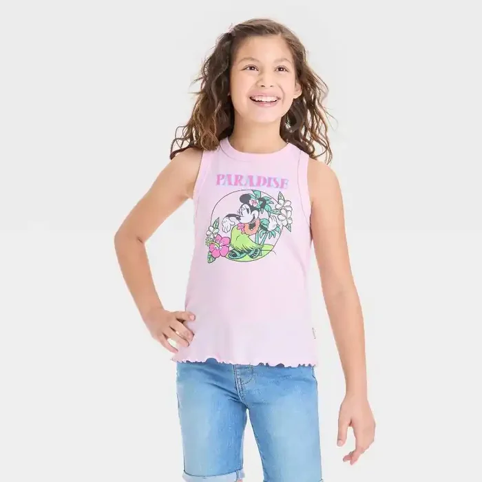 Disney Girls‘ Minnie Mouse Ribbed Ruffle Hem Tank Top – Light Pink S