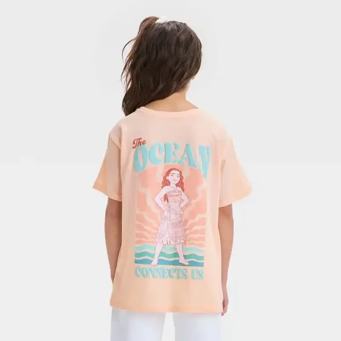Disney Girls‘ Moana Ocean Connects Us Oversized Front and Back Short Sleeve Graphic T-Shirt – Peach Orange XL