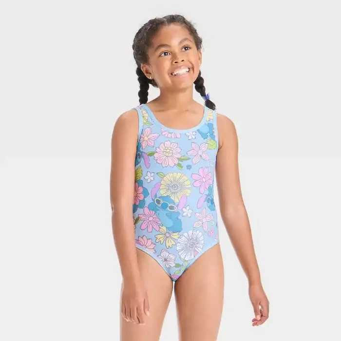 Disney Girls‘ Stitch Floral Printed One Piece Swimsuit – Light Blue XS