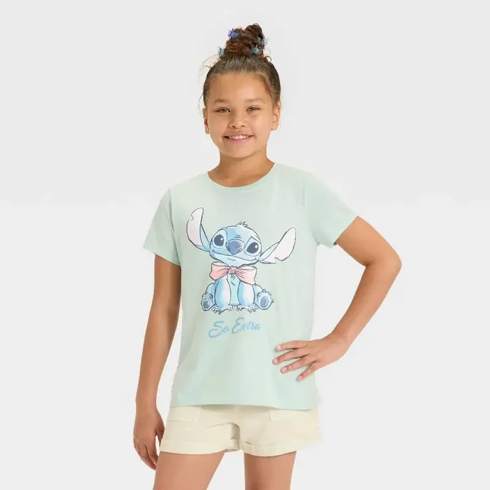 Disney Girls‘ Stitch Glitter Bow Short Sleeve Graphic T-Shirt – Light Mint Green S