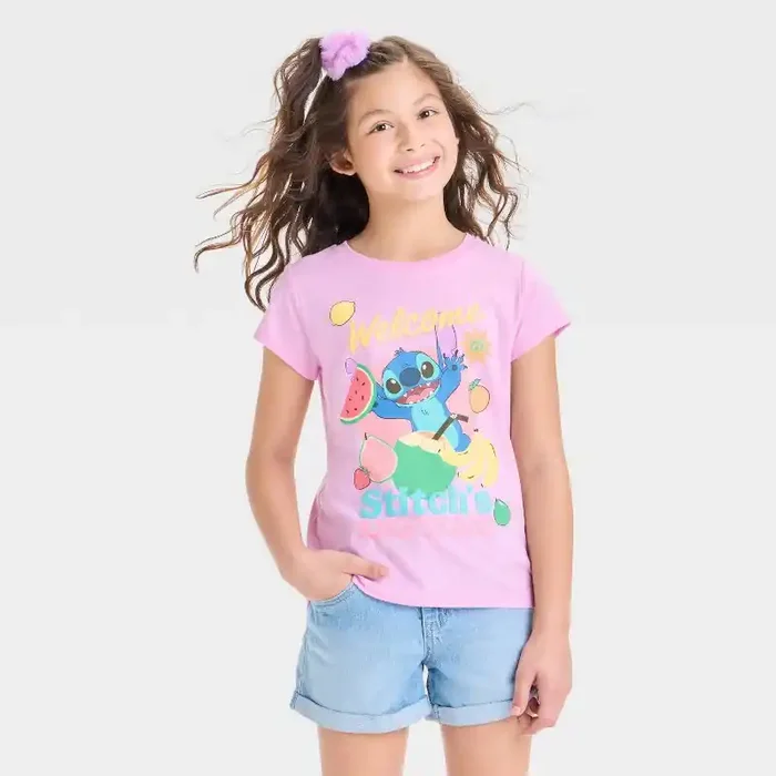 Disney Girls‘ Stitch‘s Juice Stand Short Sleeve Graphic T-Shirt – Light Purple XL
