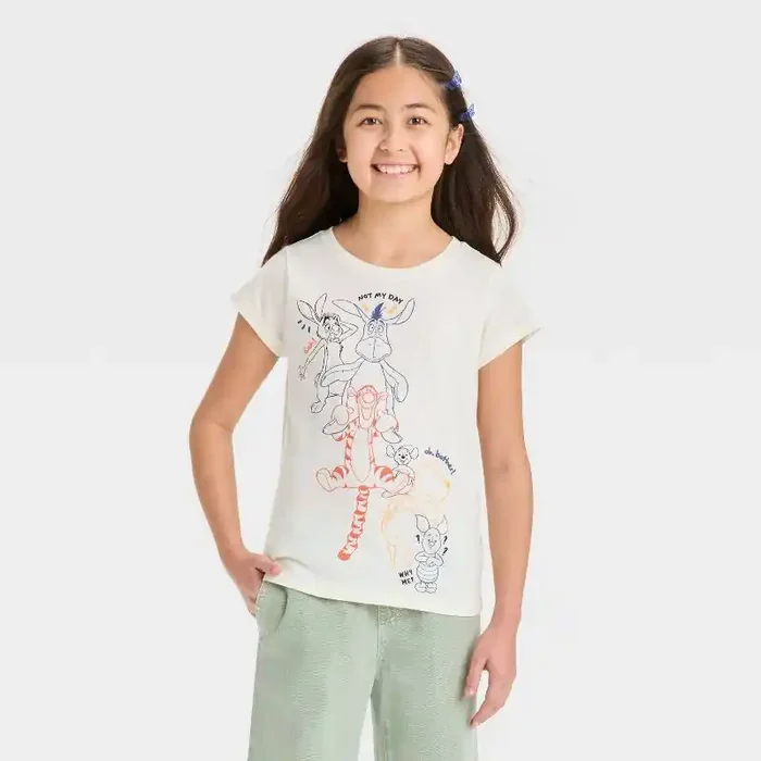 Disney Girls‘ Winnie the Pooh Ringer Short Sleeve Graphic T-Shirt – Off-White M