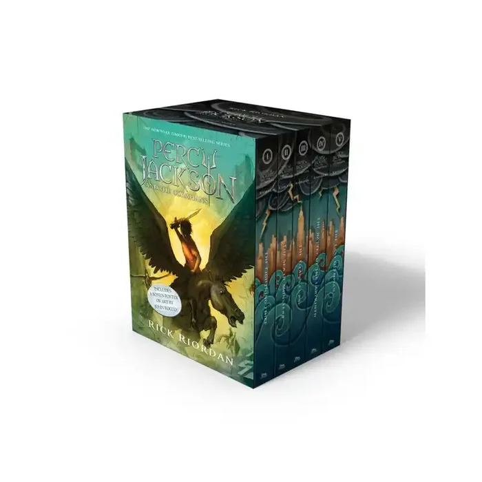 Disney Percy Jackson and the Olympians 5 Book Paperback Boxed Set with poster – by Rick Riordan (Paperback)