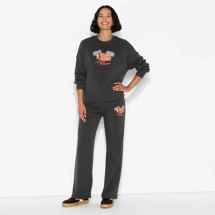 Disney Women‘s Cars Wide Leg Fleece Graphic Pants – Black S