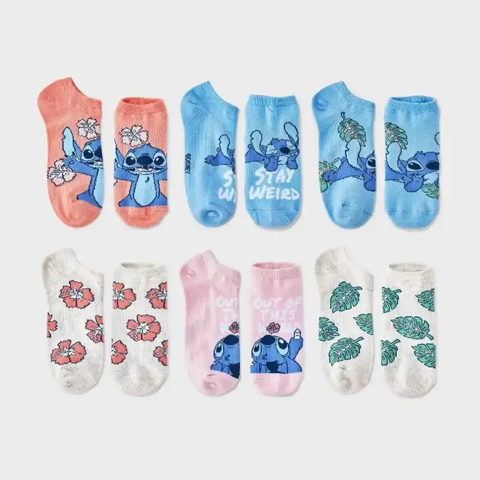 Disney Women‘s Lilo & Stitch 6pk Low Cut Socks – Assorted Color 4-10 Polyester Spandex Blend, Knit Fabric, Machine Washable