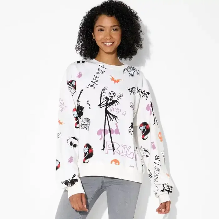 Disney Women‘s Nightmare Scribbles Fleece Graphic Sweatshirt – White M