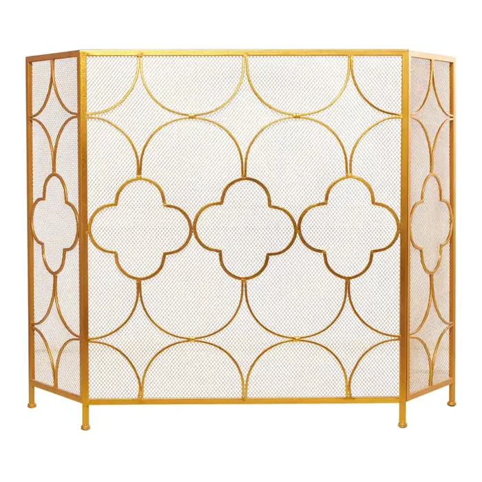 Distressed Copper Quatrefoil Geo 3 Panel Fireplace Screen
