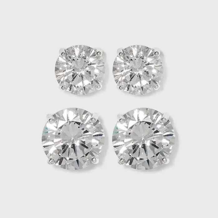 Distributed by Target Sterling Silver Cubic Zirconia Duo Round Stud Earring Set 2pc – Clear Polished Nickel-Free Metal, Basket Setting