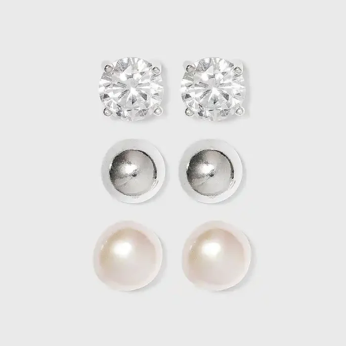 Distributed by Target Sterling Silver Cubic Zirconia Stud Earring Set 3pc – Silver/Pearl Polished Nickel-Free Metal, Simulated Stones