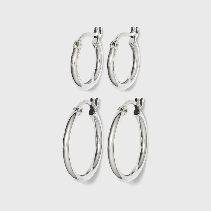 Distributed by Target Sterling Silver Duo Click In Hoop Earring Set – Silver Tarnish-Resistant, Nickel-Free, Shiny, Polished, Smooth Finish
