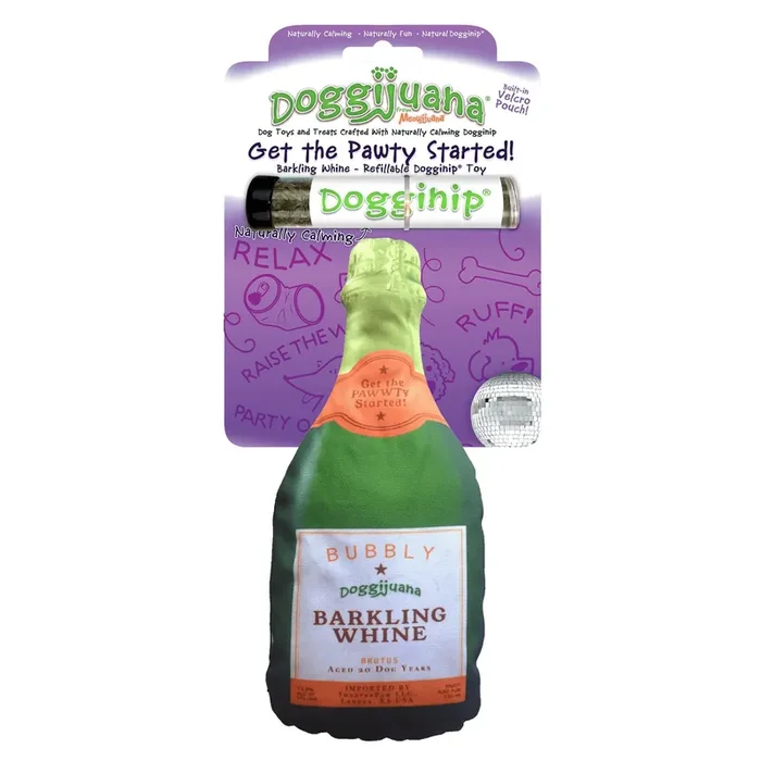 Doggijuana Get the Pawty Started Whine Bottle Refillable Dogginip Dog Toy – Plush, Squeaker