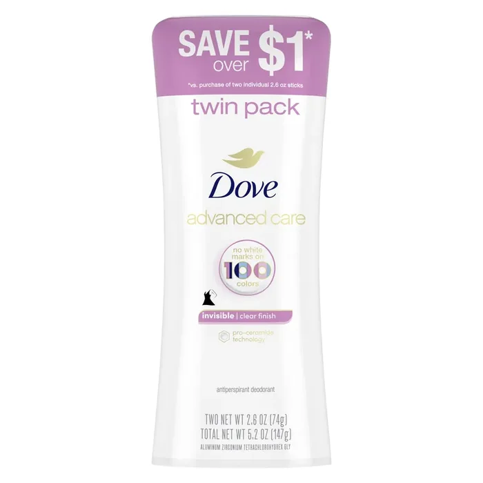 Dove Advanced Care Antiperspirant Deodorant Stick Clear Finish, 2.6 oz, Twin Pack