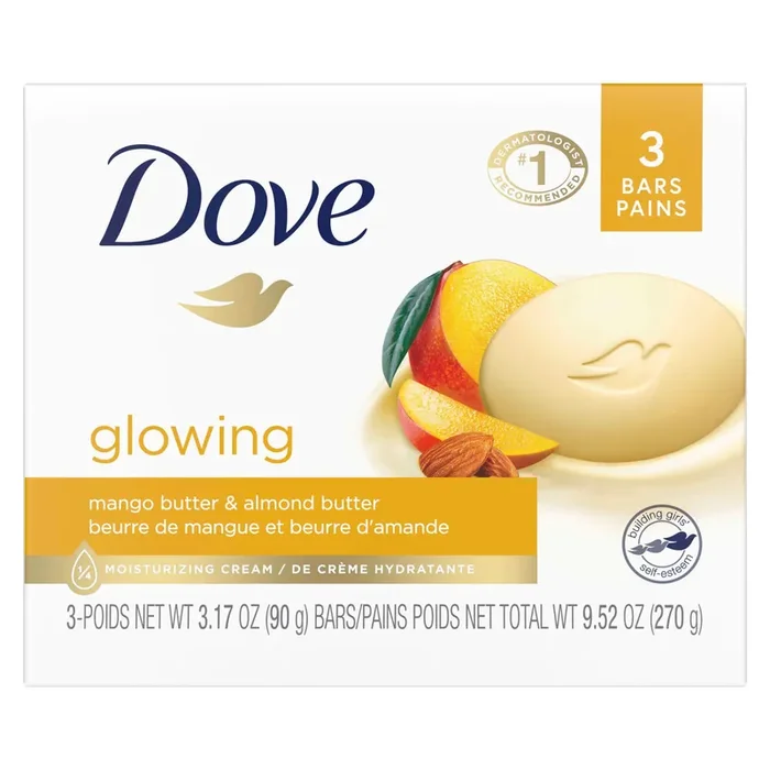 Dove Beauty Bar Gentle Skin Cleanser Glowing Mango Butter and Almond Butter, 3.17 oz, 3 Bars