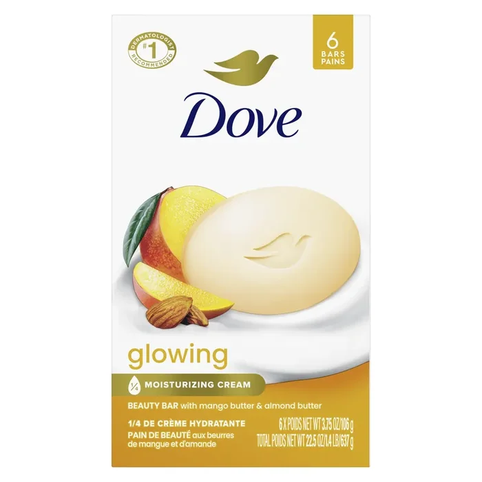 Dove Beauty Bar Gentle Skin Cleanser Glowing Mango Butter and Almond Butter, 3.75 oz, 6 Bars
