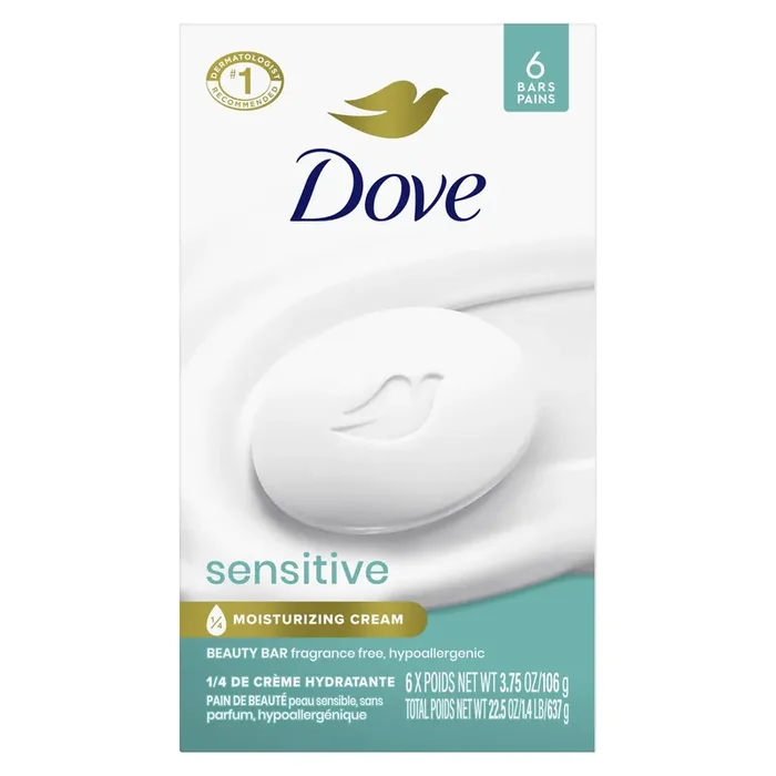 Dove Beauty Bar More Moisturizing Than Bar Soap Sensitive Skin, 3.75 oz, 6 Bars