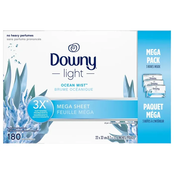 Downy Light Mega Dryer Sheets, Fabric Softener Dryer Sheets, Ocean Mist, 180 Count