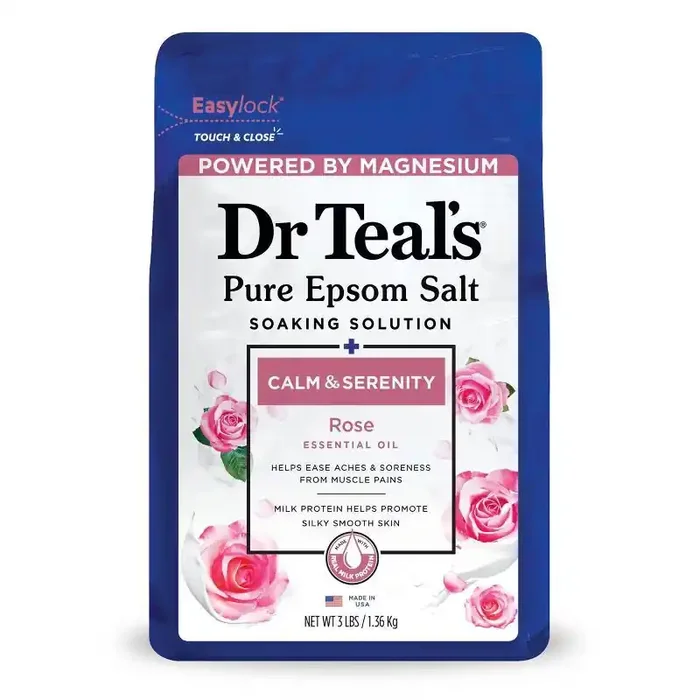 Dr Teal‘s Epsom Salt Magnesium Soak – Calm & Serenity with Rose Essential Oil & Milk Protein – 3 lbs