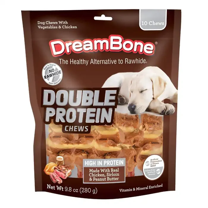 DreamBone Double Protein with Peanut Butter, Chicken Kabobs and Beef Flavor Chews Dog Treats – 9.8oz