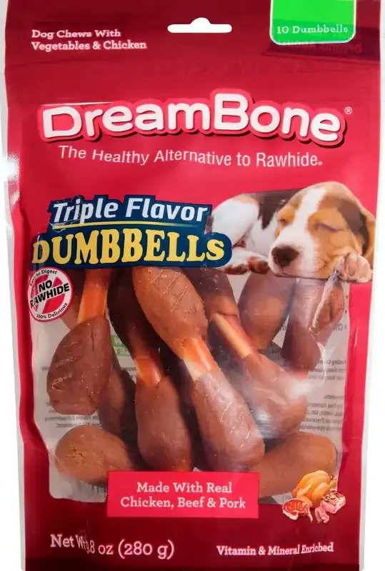 DreamBone Triple Flavor Dumbbells With Chicken 10 Count, Rawhide-Free Chews For Dogs