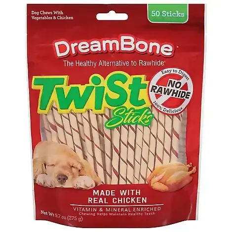 Dreambone Twists Wrapped With Chicken Rawhide-Free Dog Chews 50 Count Bag – 9.7 Oz