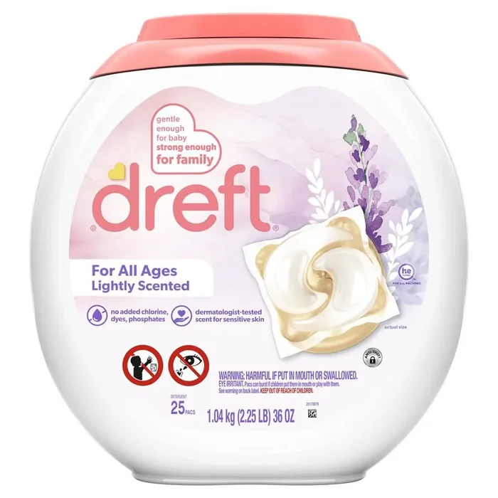Dreft Laundry Detergent Pacs, Lightly Scented, Lavender, For Baby and Family, XL Pacs, 25 Count