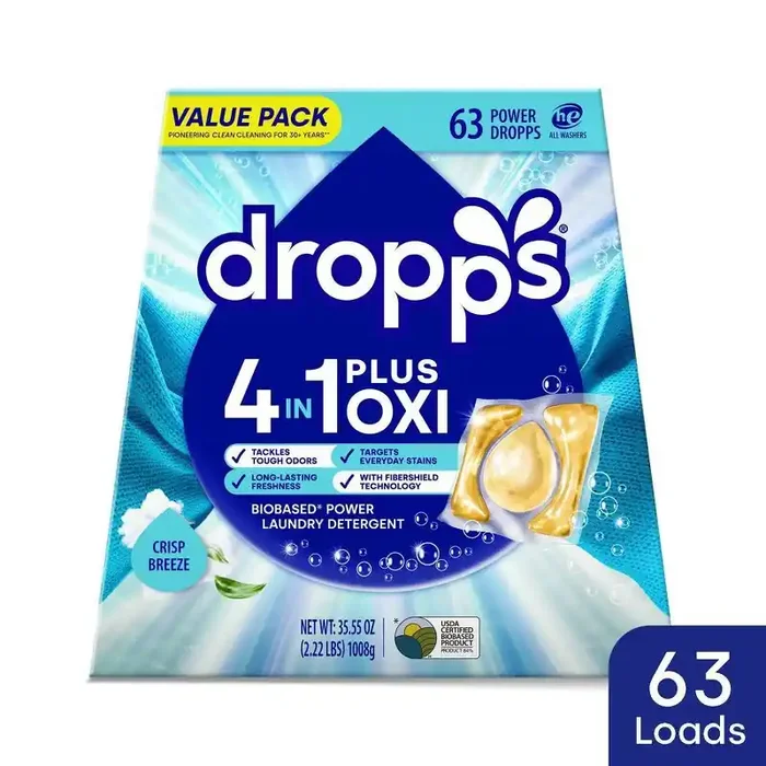 Dropps Laundry 4-in-1 Plus Oxi Power Biobased Detergent Pods – Crisp Breeze – 63ct