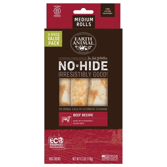 Earth Animal No-Hide Rolls Beef Recipe Medium Natural Long-Lasting Rawhide Alternative Dog Chews, 6.3 oz., Count of 3