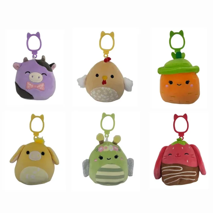 Easter Squishmallows Clip-On, 3.5inAssorted Styles – Green Bee, Yellow Donkey, Orange Carrot, Purple and Black Cow, Chocolate Dipped strawberry, Brown Rooster
