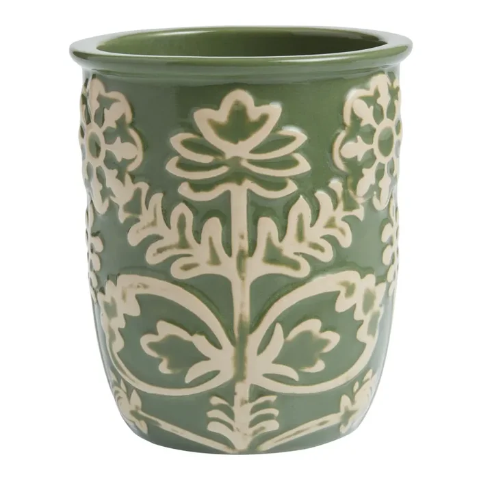 Eden Green Ceramic Floral Embossed Utensil Holder
