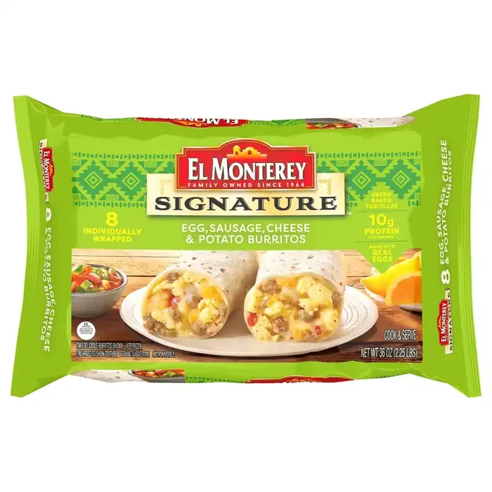 El Monterey Egg, Sausage, Cheese & Potato Frozen Burritos – 36oz/8ct