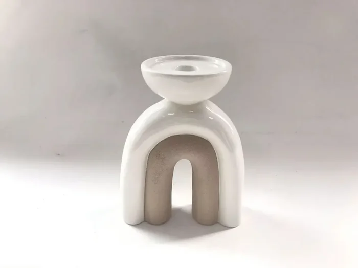 Elements Arch Ceramic Candle Holder White Tan 7IN