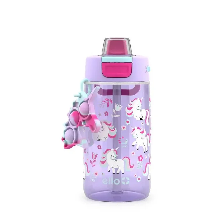 Ello 14oz Plastic Colby Pop! Water Bottle Fidget Accessory Unicorn Flip-Top Lid, Kids Portable Drinkware