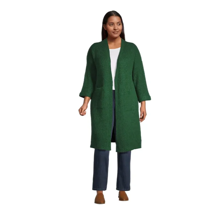 Eloise Pine Green Recycled Yarn Open Front Sweater with Pockets