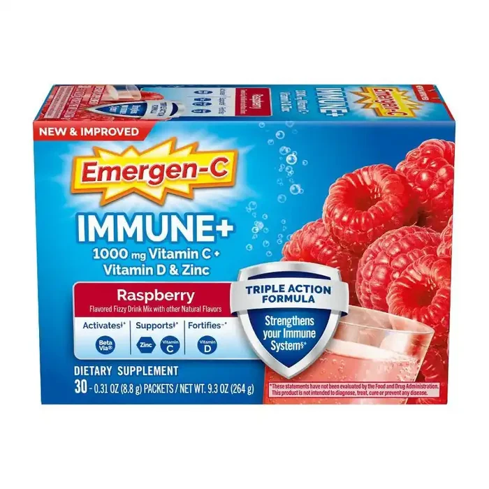 Emergen-C Immune+ Dietary Supplement Powder Drink Mix with Vitamin C – Raspberry – 30ct