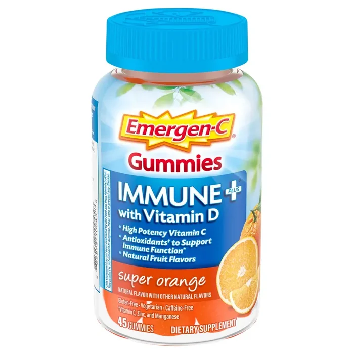 Emergen-C Immune+ Gummies, Vitamin D plus 750 mg Vitamin C (45 Count, Super Orange Flavor) Immune Support Dietary Supplement, Caffeine Free, Gluten Free