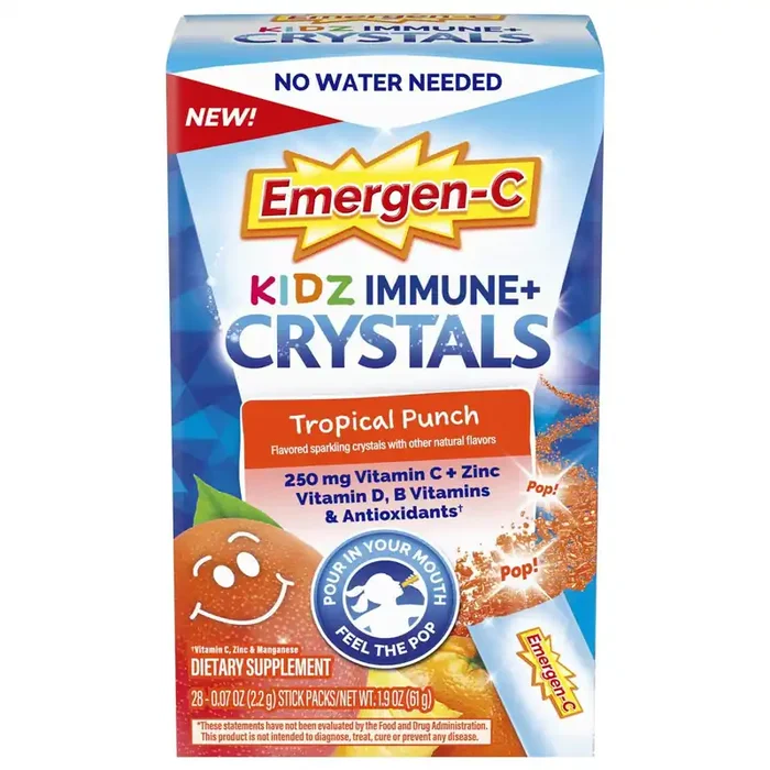 Emergen-C Kidz Immune+ Crystals, On-the-Go Immune Support Supplement, Tropical Punch, 28 Stick Packs