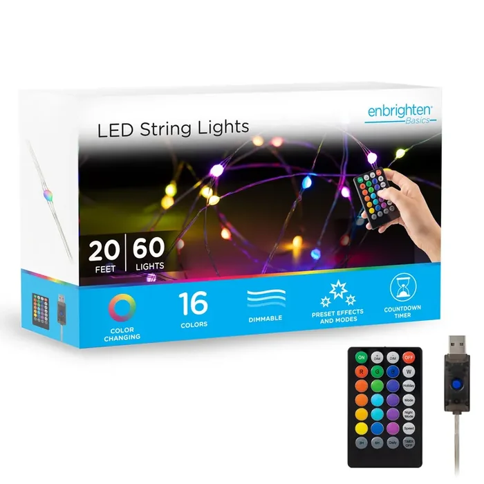 Enbrighten 20-ft Plug-in Silver Indoor String Light with Color changing -Light LED Mini Bulbs with Remote
