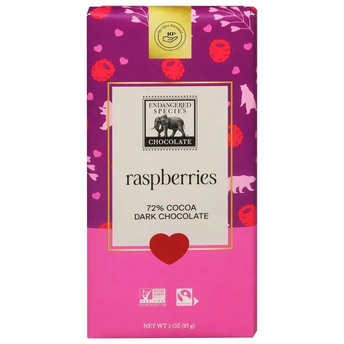 Endangered Species Dark Chocolate, Raspberries, 72% Cocoa 3 Oz
