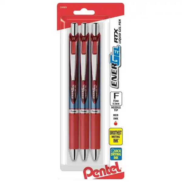 EnerGel Pentel Energel Rtx Retractable Liquid Gel Pens, Fine Point, 54% Recycled, Assorted Barrel Colors, Red Ink, Pack Of 3 Pans