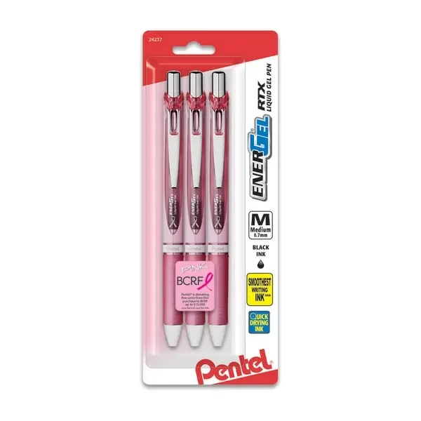 EnerGel Pentel Energel Rtx Retractable Liquid Gel Pens, Medium Point, 54% Recycled, Assorted Barrel Colors, Black Ink, Pack Of 3 Pens