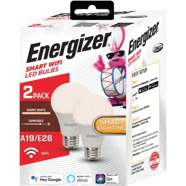 Energizer Connect Smart A19 Led Light Bulbs, Warm White, Pack Of 2 Bulbs