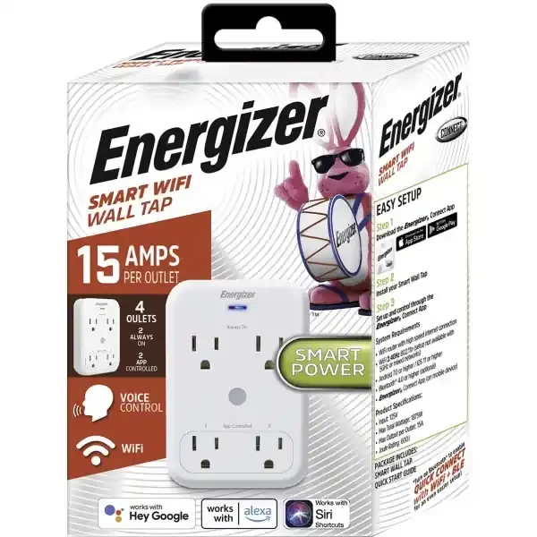 Energizer Ewt3-1000-Wht 4-Outlet Smart Wi-Fi Wall Tap, White