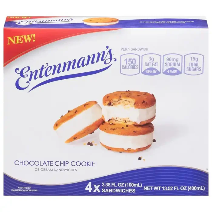Entenmann‘s Chocolate Chip Cookie Ice Cream Sandwiches 4 – 3.38 fl oz Sandwiches