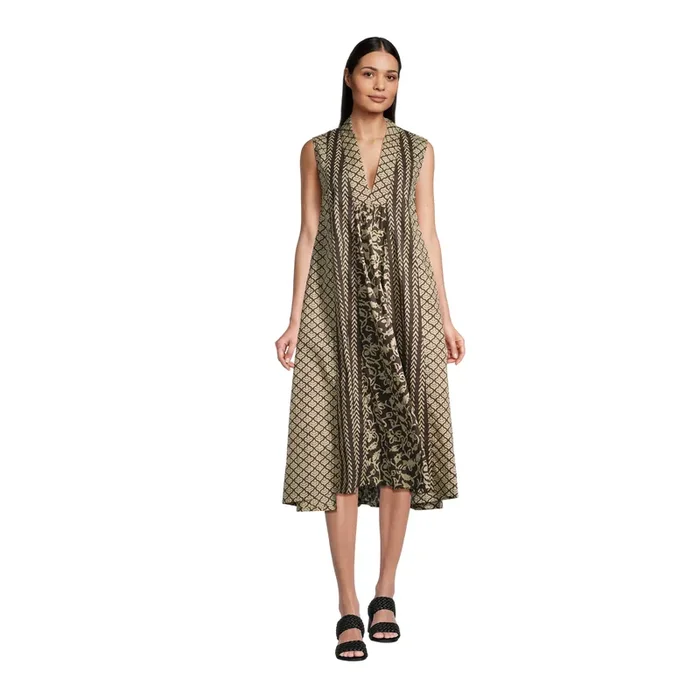 Espresso And White Mixed Print Dress With Pockets