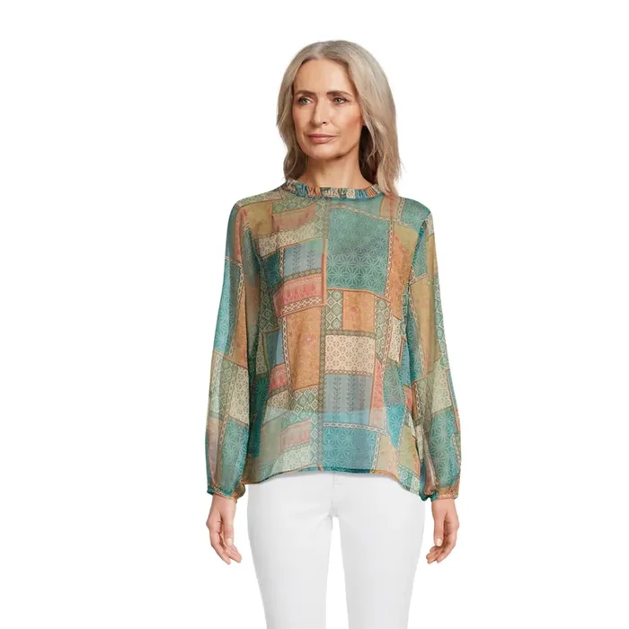 Farrah Blue And Orange Patchwork Mixed Print Top