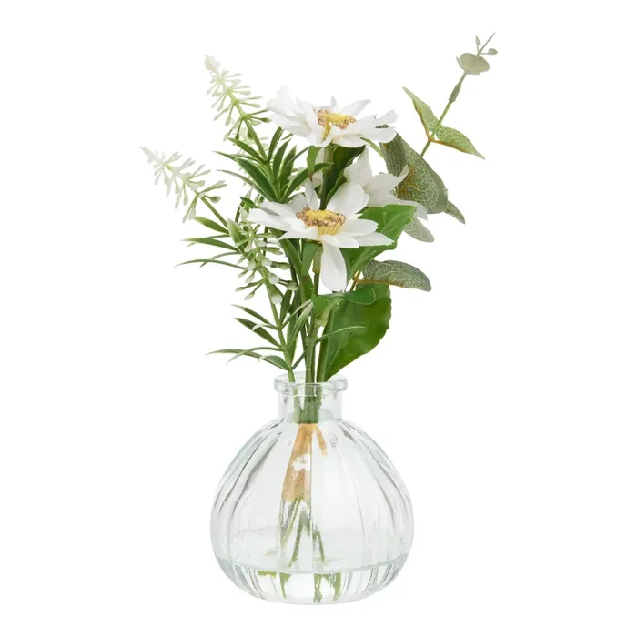 Faux Daisy Floral Arrangement with Glass Vase