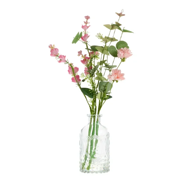 Faux Eucalyptus and Pink Floral Arrangement with Glass Vase