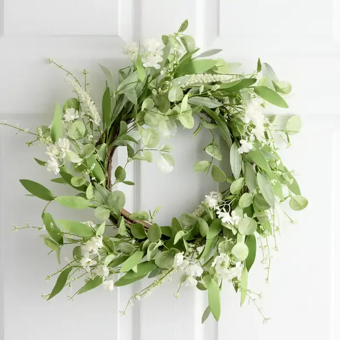 Faux Eucalyptus and White Blossoms Wreath
