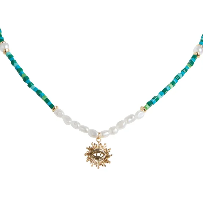 Faux Pearl And Turquoise Evil Eye Shorty Necklace