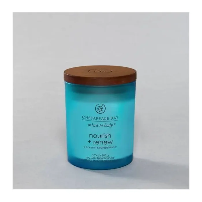 Frosted Glass Nourish + Renew Lidded Jar Candle Light Blue 3.7oz – Mind & Body by Chesapeake Bay Candle Soy Wax Blend with Essential Oils